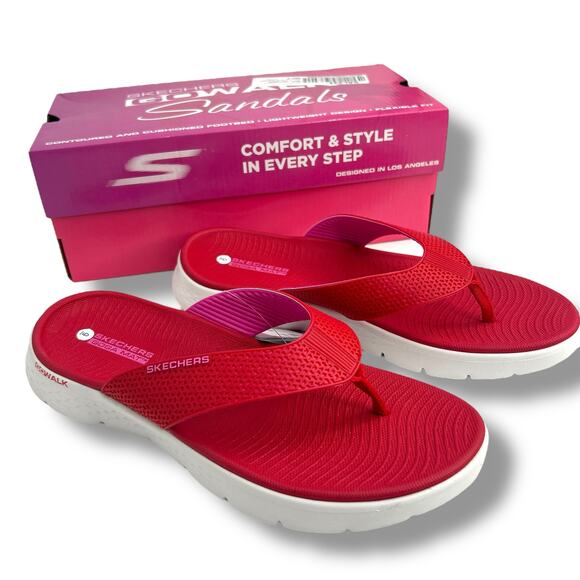 NEW Skechers Go Walk Flex Sandal Size 9 Eve 141457 Red Toe Post Flip Flops - Picture 1 of 13